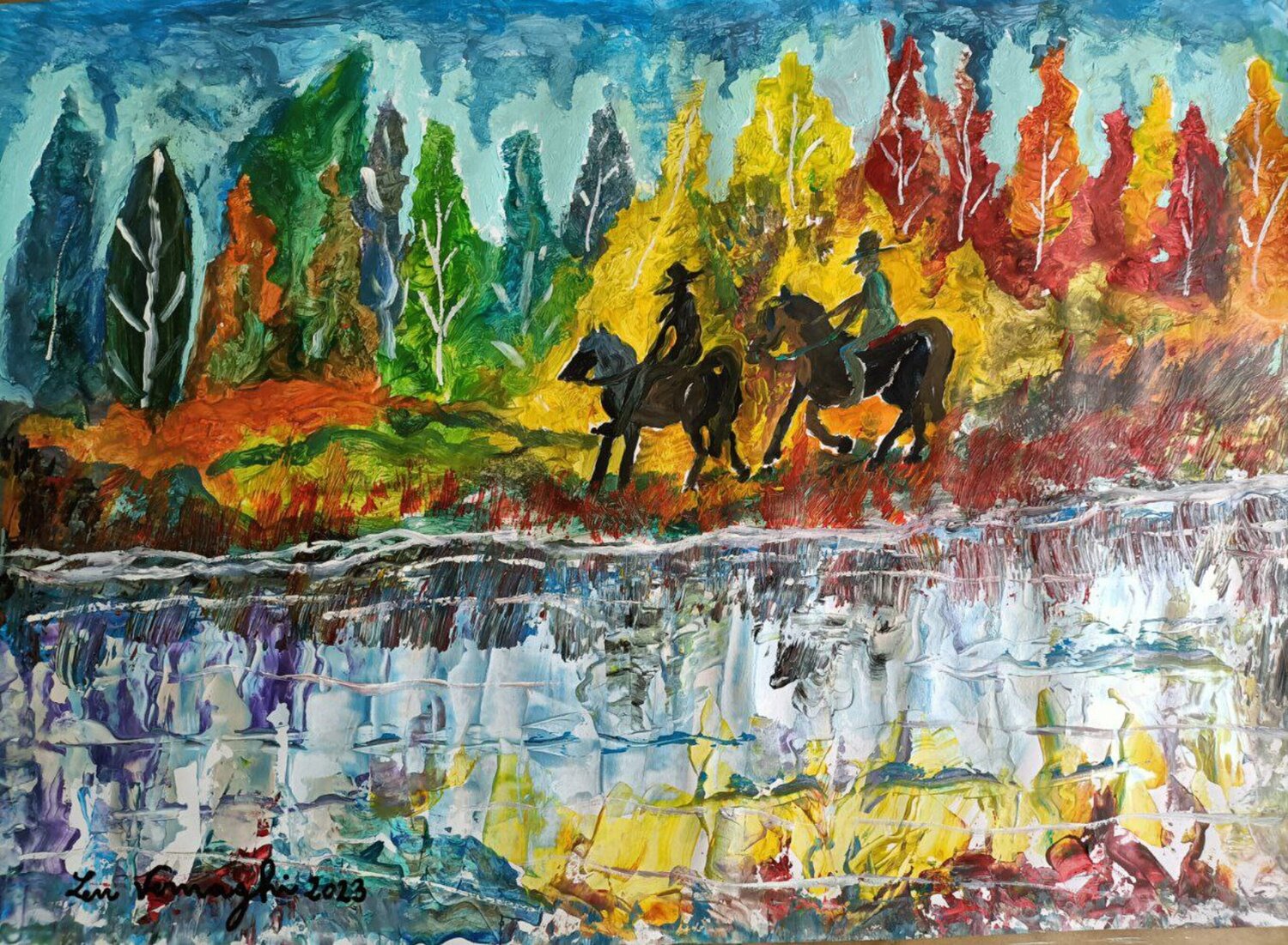 Cavalieri in riva al fiume Len Vernaghi