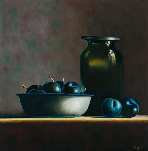 Enamel bowl with blue plums and bottle van Cornelis de Koning, Schilderij te koop op Singulart