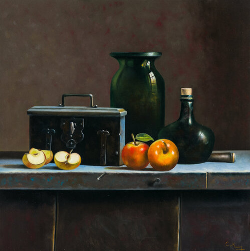 Bottles, cash box and apples Cornelis de Koning