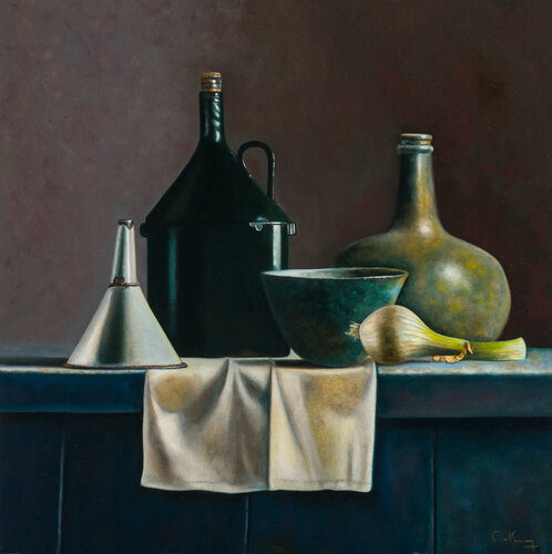 Composition with green canteen bottle van Cornelis de Koning, Schilderij te koop op Singulart