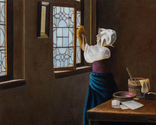 Girl cleaning the windows van Cornelis de Koning, Schilderij te koop op Singulart
