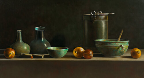 Still life with pomegranates, bottles and green copper bin by Cornelis de Koning, Painting for Sale on Singulart