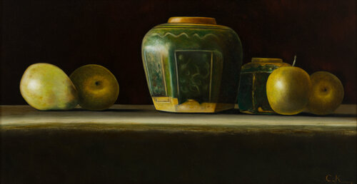 Apples, pears and green pot from Cologne di Cornelis de Koning, Pittura in vendita su Singulart