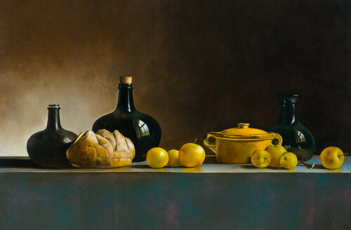 Still life with bottles, apples, bread and yellow pan par Cornelis de Koning, Peinture en vente sur Singulart