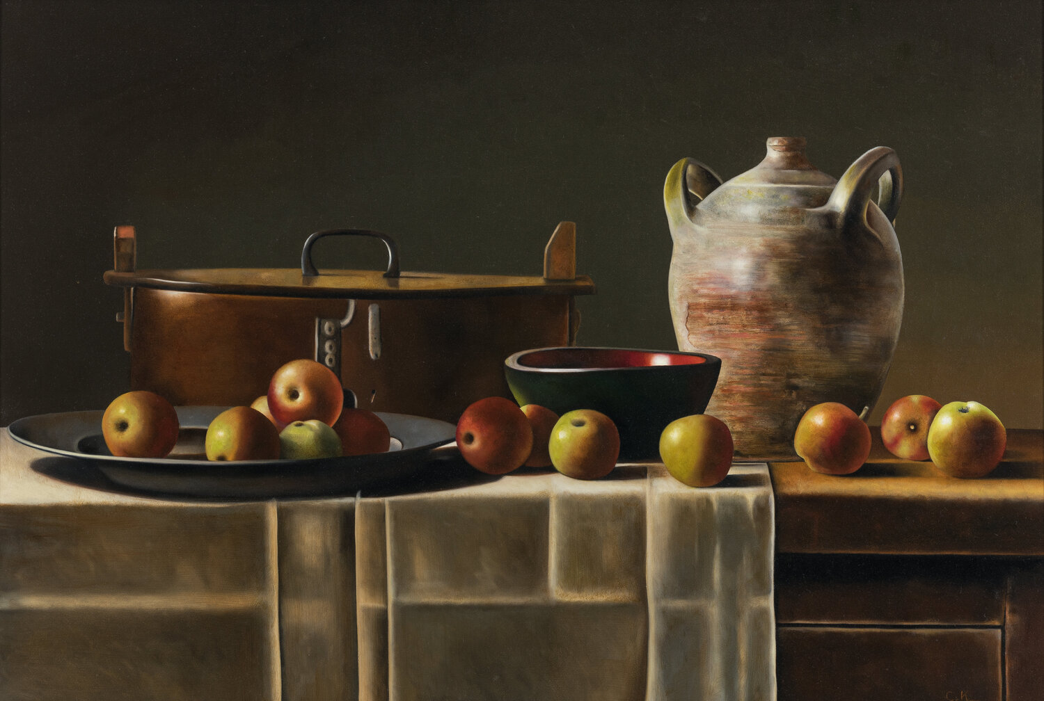 Brown bute, old jar, apples Cornelis de Koning