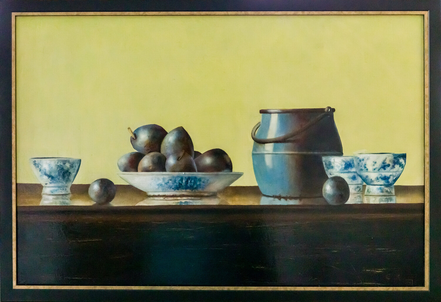 Blue enamel pot with plums Cornelis de Koning