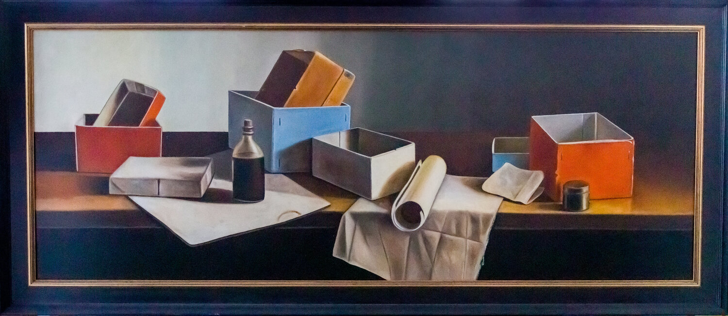 Still life with boxes Cornelis de Koning