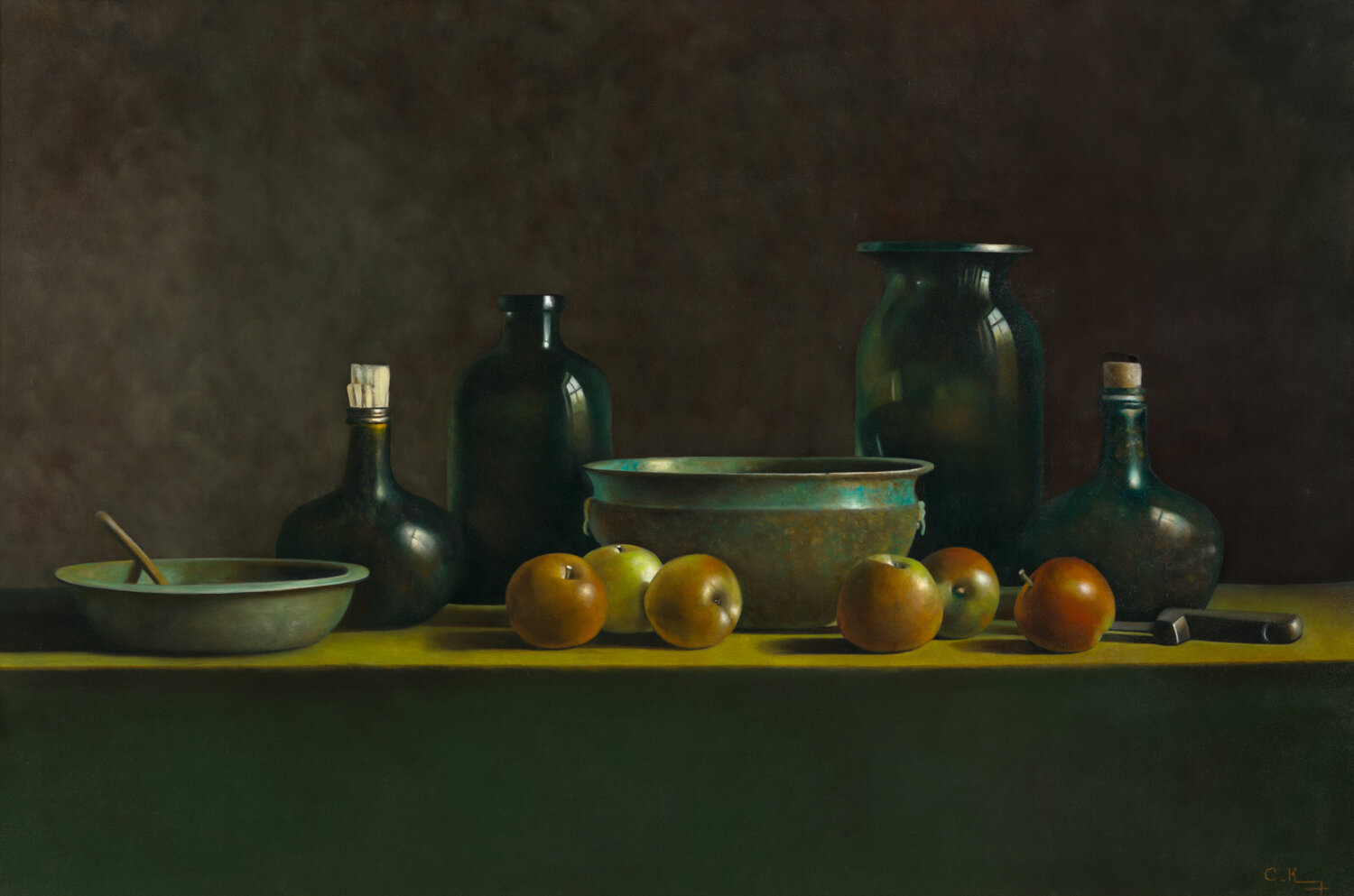 Still life with bottles and apples Cornelis de Koning