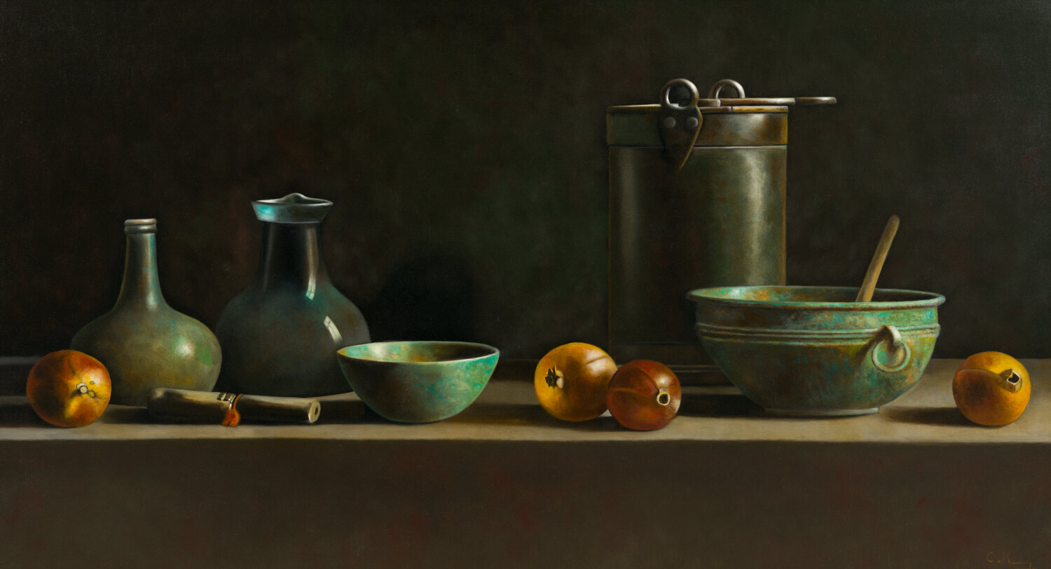 Still life with pomegranates, bottles and green copper bin Cornelis de Koning Originalgemälde zu verkaufen