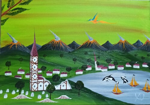 Kircheruine und Vulkanlandschaft de Christian Tschierske, Pintura a la venta en Singulart