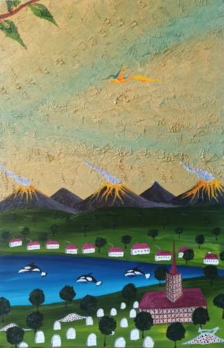 Vulkan - Landschaft und Kirche van Christian Tschierske, Schilderij te koop op Singulart