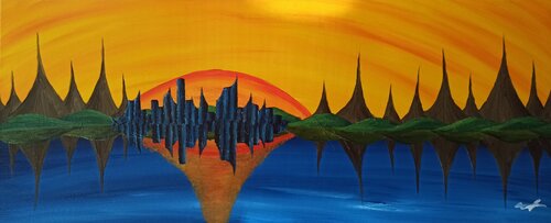 Skyline bei Sonnenuntergang 2 van Christian Tschierske, Schilderij te koop op Singulart
