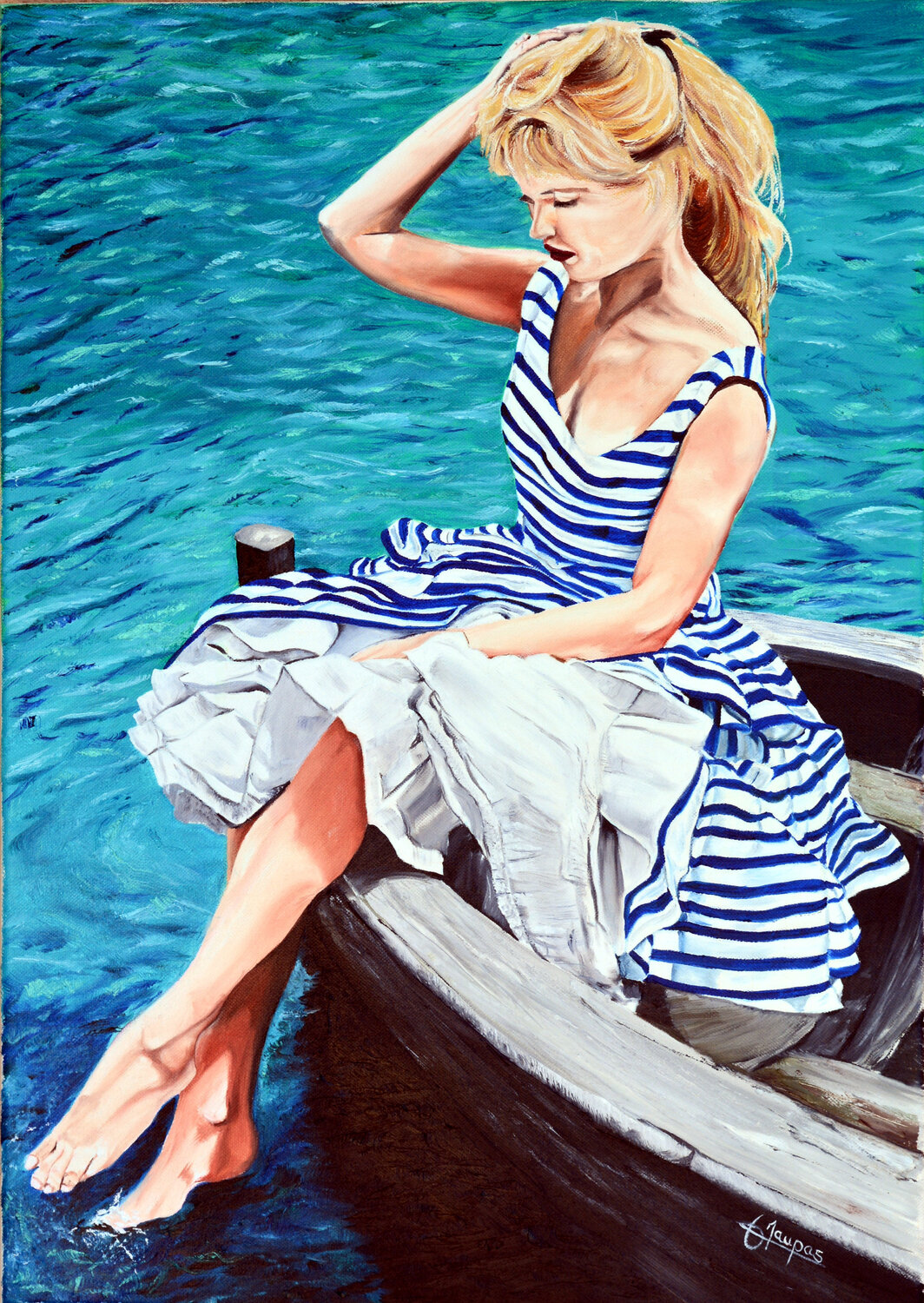 BB on a boat Jacques Maupas Origineel schilderij te koop