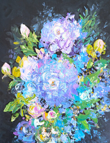 Peonies on Black van Maria Slynko, Schilderij te koop op Singulart