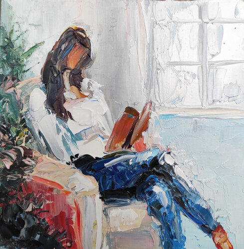 Woman in Blue Jeans van Maria Slynko, Schilderij te koop op Singulart