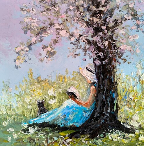 With a Cat in the Garden by Maria Slynko, Painting for Sale on Singulart