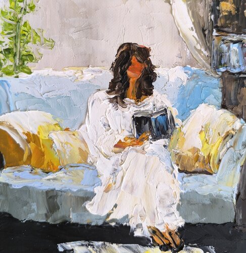 "Woman in White with a Book" by Maria Slynko, Painting for Sale on Singulart