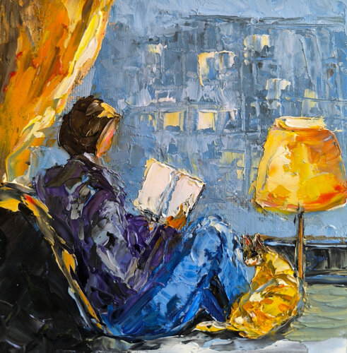 Woman Reading with Cat by Maria Slynko, Painting for Sale on Singulart