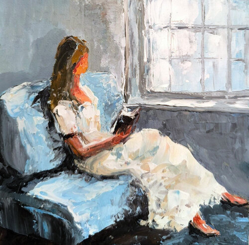 Reading Woman – The Grey Room van Maria Slynko, Schilderij te koop op Singulart