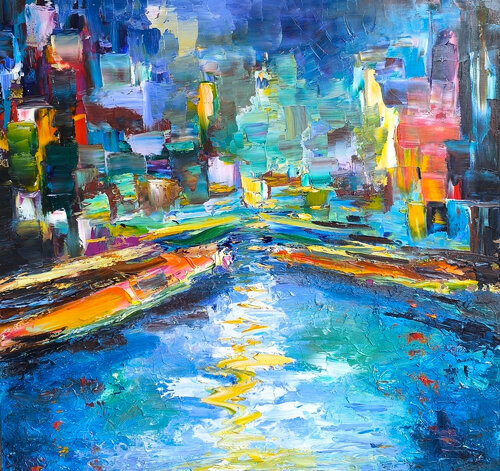 Rhine at Night van Maria Slynko, Schilderij te koop op Singulart