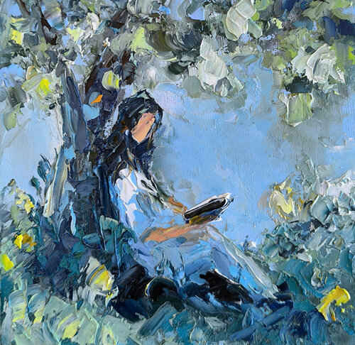 Reading under the tree par Maria Slynko, Peinture en vente sur Singulart
