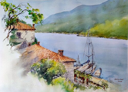 The heart of Istria, Croatian coastal port (aquarelle original) van Larisa Carli, Werk op papier te koop op Singulart