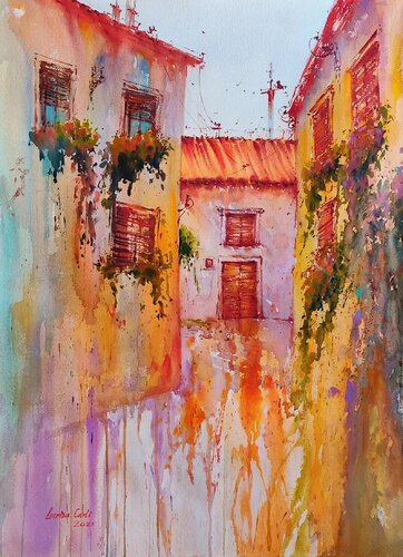 Vibrant Mediterranean street in Koper, Slovenia coast van Larisa Carli, Werk op papier te koop op Singulart