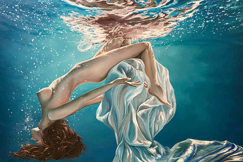 Serenity (woman underwater) - erotic , sexy . nu, nude. woman, female van Elena Dmitrenko, Schilderij te koop op Singulart