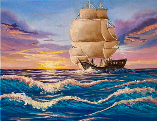 Fairytail sunset with a ship van Elena Dmitrenko, Schilderij te koop op Singulart