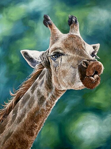Give me a kiss. Giraffe par Elena Dmitrenko, Peinture en vente sur Singulart
