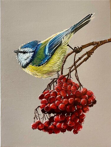 Titmouse on rowan (rowanberry) di Elena Dmitrenko, Pittura in vendita su Singulart