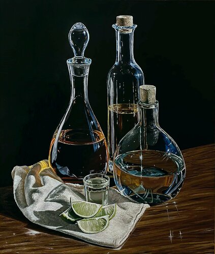Still life with a bottles par Elena Dmitrenko, Peinture en vente sur Singulart