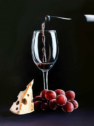 Wine and Cheese par Elena Dmitrenko, Peinture en vente sur Singulart