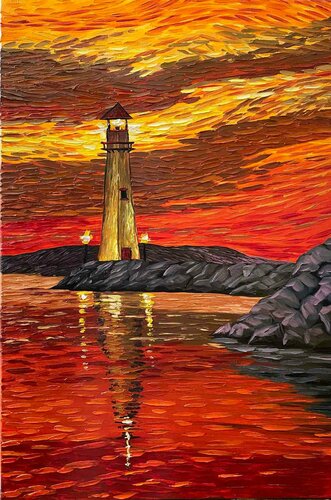 Sunset Lighthouse  (Van Gogh Style) par Elena Dmitrenko, Peinture en vente sur Singulart