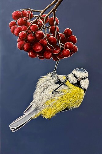 Great Tit on a Rowan par Elena Dmitrenko, Peinture en vente sur Singulart