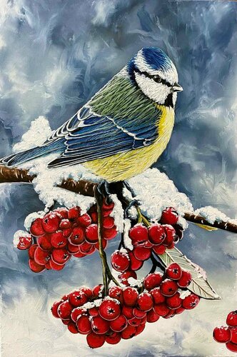 Great Tit on a Rowan di Elena Dmitrenko, Pittura in vendita su Singulart