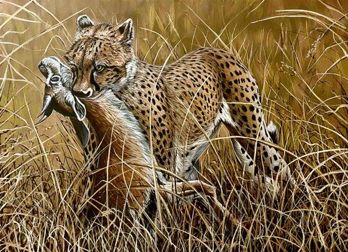Cheetah carries off a Thomson's gazelle di Elena Dmitrenko, Pittura in vendita su Singulart