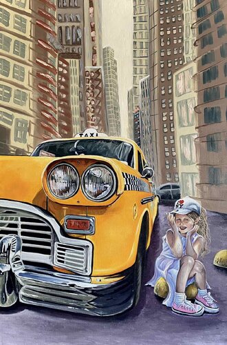 COMMISSION ARTWORK :Girl near Taxi at New York street par Elena Dmitrenko, Peinture en vente sur Singulart