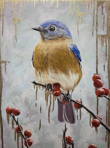 Bluebird on the red berries by Elena Dmitrenko, Painting for Sale on Singulart