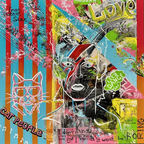 “Let’s Dance, Cat People” - David Bowie portrait Pop Art van Elena Dmitrenko, Schilderij te koop op Singulart