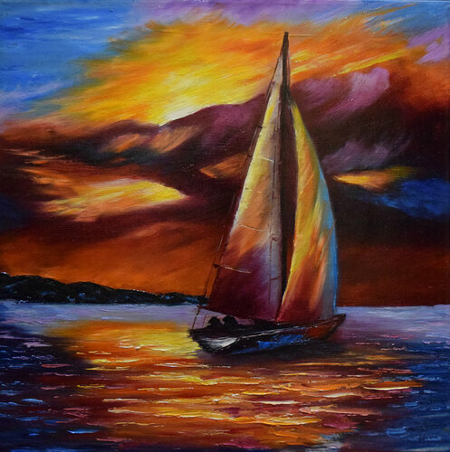 Romantic sunrise with boat di Elena Dmitrenko, Pittura in vendita su Singulart
