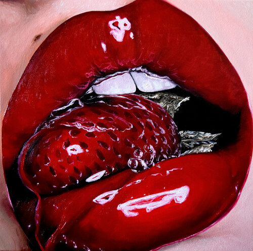 Red Lips with strawberry di Elena Dmitrenko, Pittura in vendita su Singulart