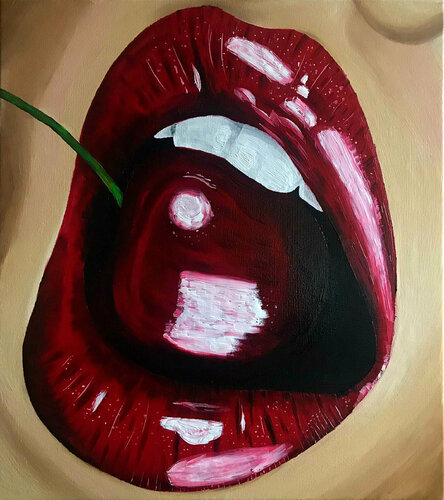 Red lips with cherry 2 di Elena Dmitrenko, Pittura in vendita su Singulart