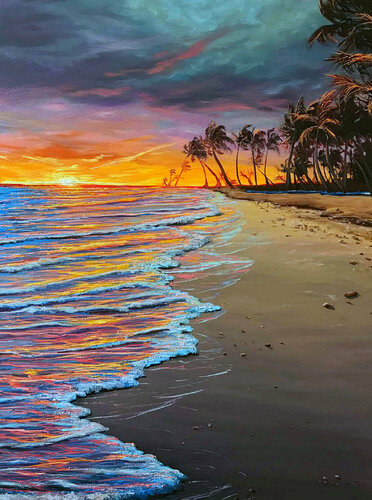 Sunset, Beach, Palms di Elena Dmitrenko, Pittura in vendita su Singulart