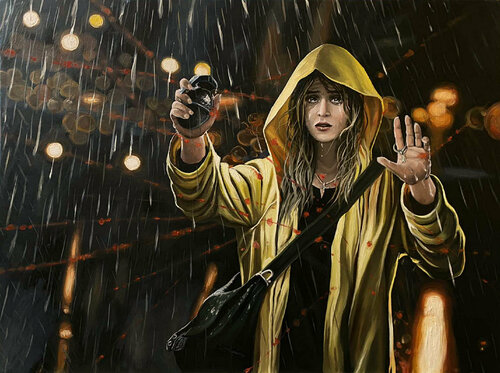 Girl in yellow raincoat holding grenade - commission work Elena Dmitrenko