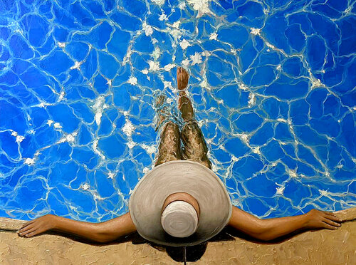 Summer day near pool par Elena Dmitrenko, Peinture en vente sur Singulart