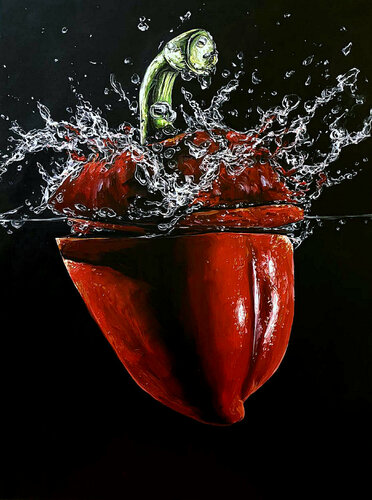 Red pepper Underwater di Elena Dmitrenko, Pittura in vendita su Singulart