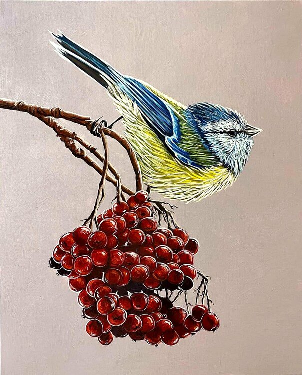 COMMISSION PAINTING - Titmouse on rowan Elena Dmitrenko