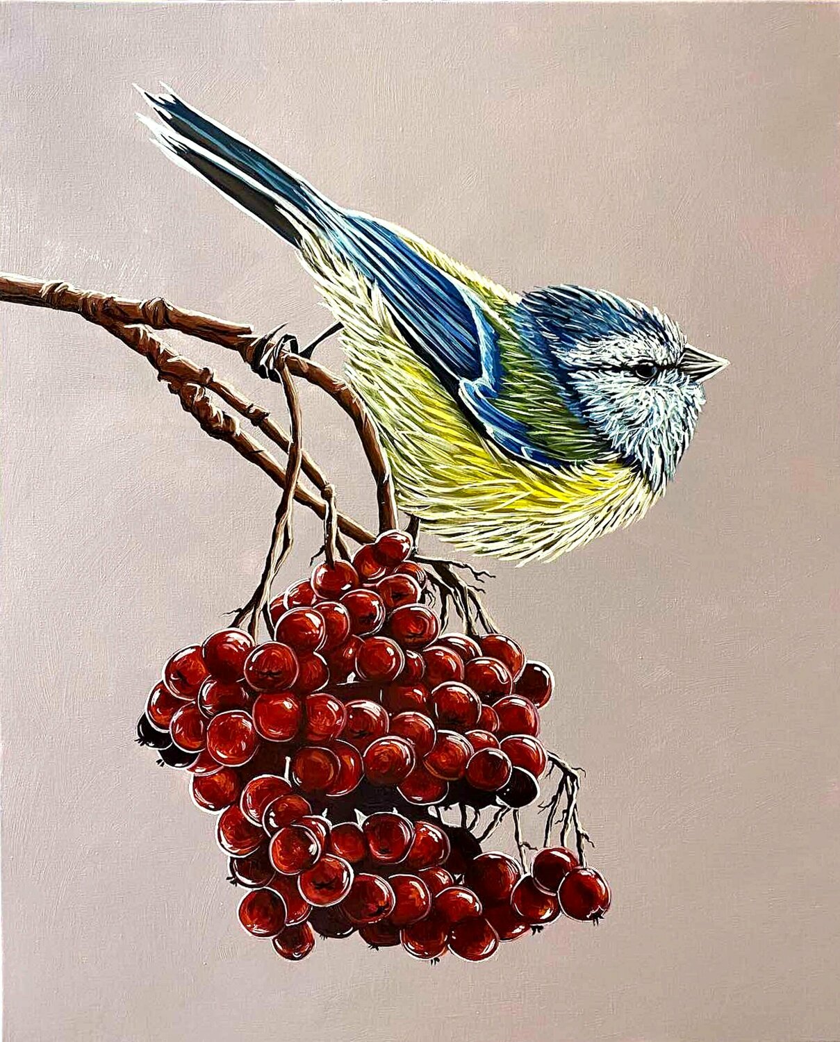 COMMISSION PAINTING - Titmouse on rowan Elena Dmitrenko