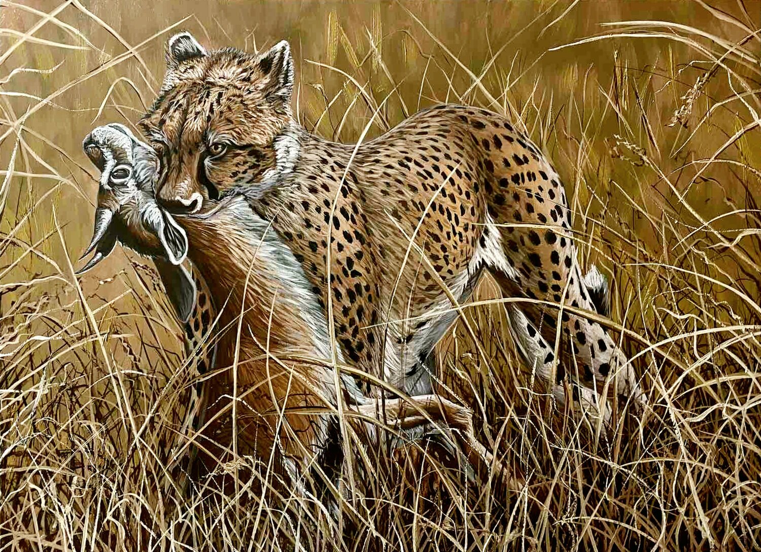 Cheetah carries off a Thomson's gazelle Elena Dmitrenko Originalgemälde zu verkaufen